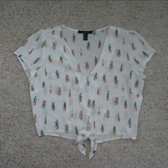 Forever 21 • Sheer Chiffon White Cactus Print Pattern Crop Top Tie Front Small - Picture 3 of 3